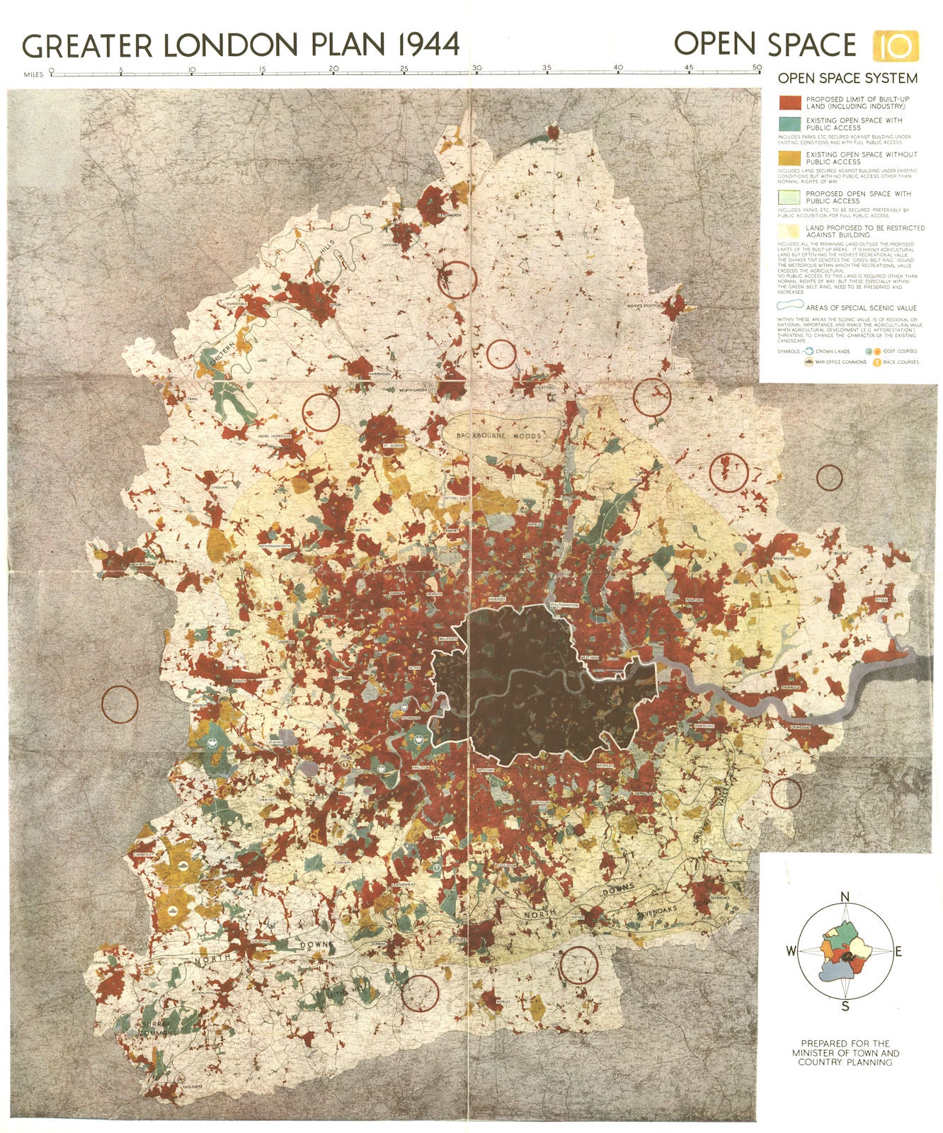 GREATER LONDON PLAN. Open Space system. Green belt. Parks. ABERCROMBIE 1944 map
